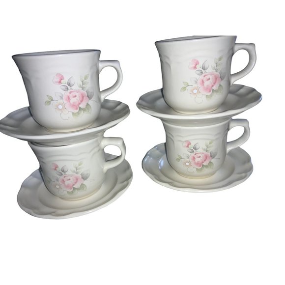 4 Pfaltzgraff Cups & Saucers- Floral Rose - Picture 1 of 7